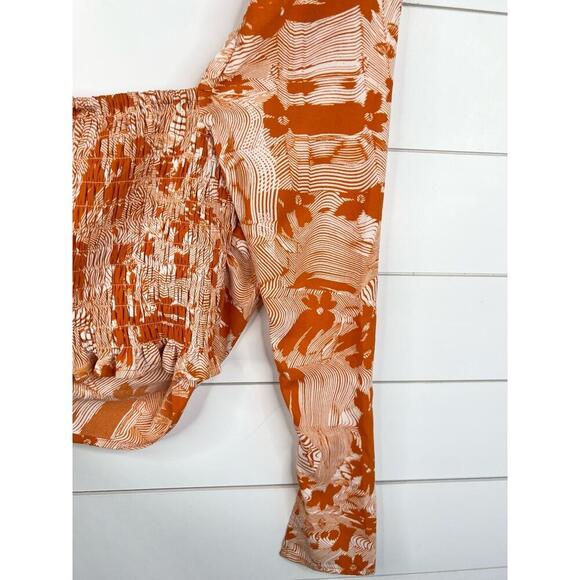 Open Edit Orange White Cowl Neck Long Sleeve Top XXS Smocked Back - Picture 6 of 11